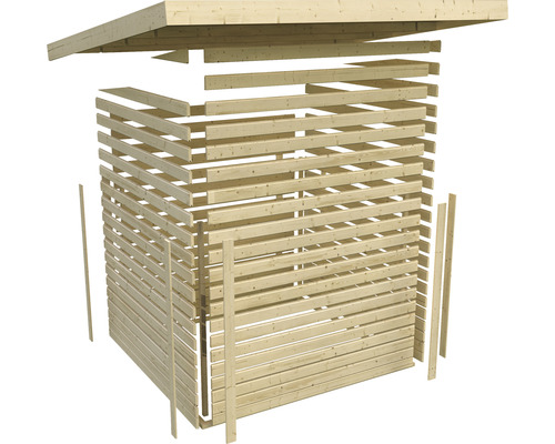 Abbildung eines Holzschuppens im Rohbau mit Holzbalken