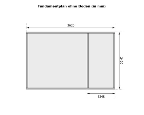 Fundamentplan ohne Boden mit Maßangaben in Millimeter