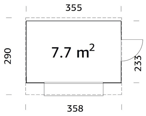 Grundrisszeichnung mit Maßangaben: 355 x 290 Zentimeter, Fläche 7,7 Quadratmeter