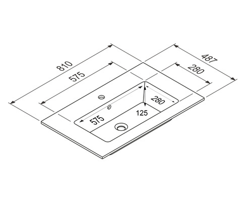 Technische Zeichnung eines Waschtisches mit Maßangaben.