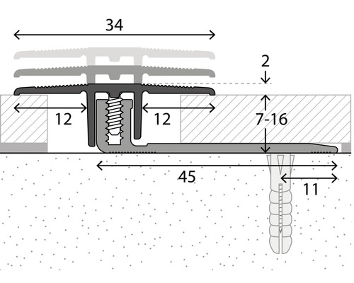 Technische Zeichnung eines Übergangsprofils mit Maßangaben zur Veranschaulichung der Montage.
