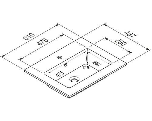 Technische Zeichnung eines Waschtischs mit Maßangaben.