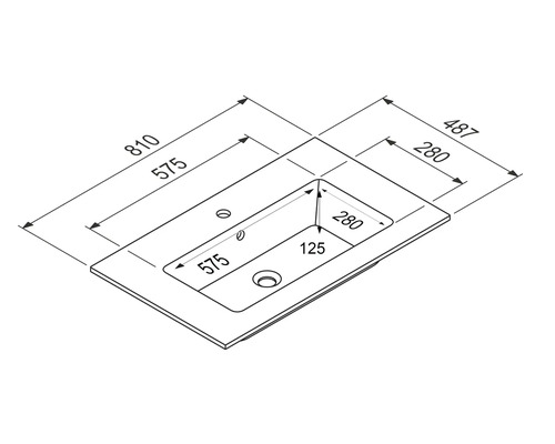 Technische Zeichnung eines Waschtisches mit Maßangaben.