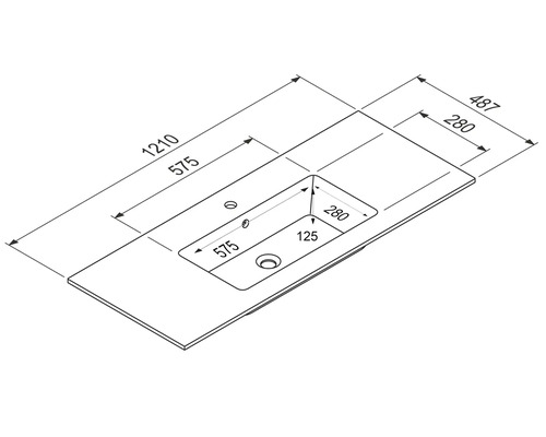 Technische Zeichnung einer Waschtischplatte mit Maßangaben