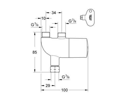 Technische Zeichnung eines Grohe Eckventil-Sets mit Maßen