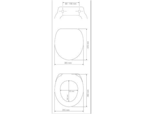 Maßzeichnung eines Toilettensitzes mit den Maßen 470 x 365 Millimeter, Lochabstand 80 bis 190 Millimeter.