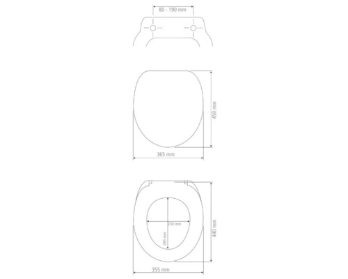 Technische Zeichnung eines WC-Sitzes mit Maßangaben