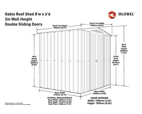Technische Zeichnung eines Gerätehauses mit Satteldach, den Maßen 8 Fuß breit und 6 Fuß tief, 2 Meter Wandhöhe und Doppelschiebetüren