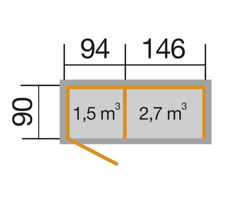 Grundrisszeichnung eines Gartenhauses mit den Maßen 90 mal 94 mal 146 Zentimeter und einem Volumen von 1,5 Kubikmeter und 2,7 Kubikmeter