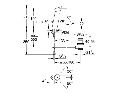 Technische Zeichnung einer Armatur mit Maßen