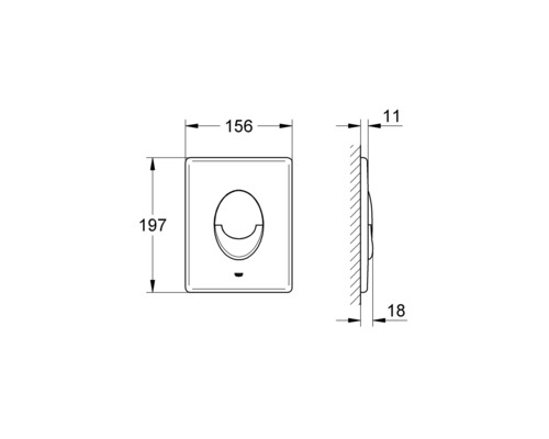 Technische Zeichnung einer Betätigungsplatte mit den Maßen 156 mal 197 Millimeter