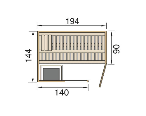 Grundriss einer Sauna mit den Maßen 194, 144, 140 und 90 Zentimeter