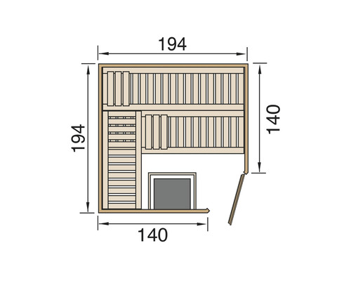 Grundriss einer Sauna mit den Maßen 194 x 140 Zentimeter
