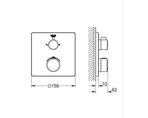 Technische Zeichnung einer Unterputz-Thermostatbatterie mit den Maßen 158 x 43 Millimeter.