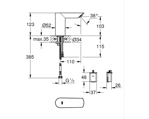 Technische Zeichnung einer Armatur mit Maßangaben.