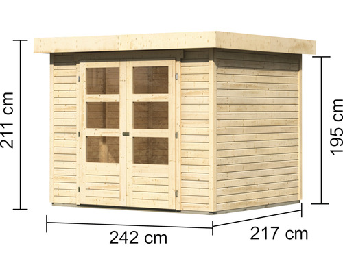 Gartenhaus aus Holz mit Doppeltür und Maßangaben: 211 cm Höhe, 242 cm Frontbreite, 195 cm Seitenhöhe und 217 cm Seitentiefe