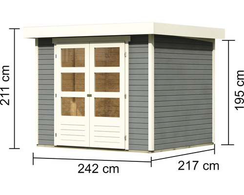 Gartenhaus mit den Maßen 211 cm Höhe, 242 cm Breite und 217 cm Tiefe.