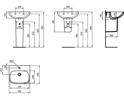 Technische Zeichnung eines Waschtisches mit Maßen.