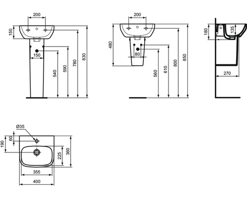 Technische Zeichnung eines Waschbeckens mit Maßen.