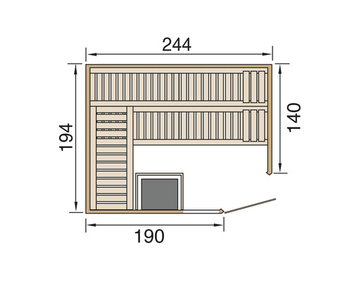 Grundriss einer Sauna mit Maßangaben