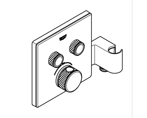 Grohe Logo. Duscharmatur mit drei Drehknöpfen und Brausehalter.