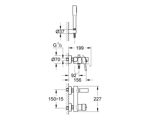 Technische Zeichnung einer Duscharmatur mit Maßangaben