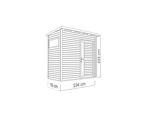 Illustration eines Gerätehauses mit den Maßen 234 mal 115 mal 233 Zentimeter.