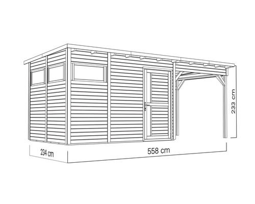 Illustration eines Gartenhauses mit Anbau, Seitenwand mit Fenstern, Tür und Maßangaben