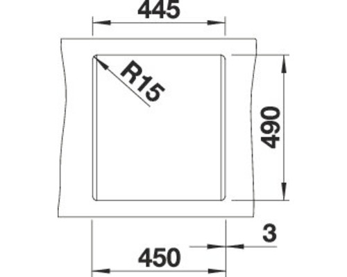Technische Zeichnung eines Spülbeckenausschnitts mit Maßangaben in Millimetern