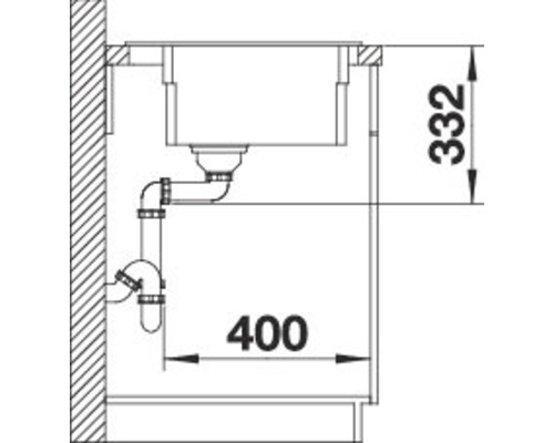 Technische Zeichnung eines Spülbeckens mit Ablaufgarnitur und Maßangaben 332 und 400.