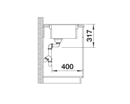Skizze einer Spüle mit Abmessungen 317 und 400 für Installationszwecke.
