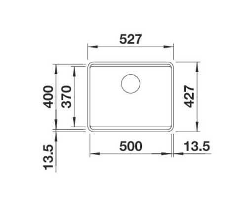 Technische Zeichnung einer Spüle mit Maßangaben