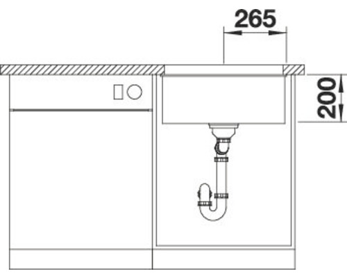 Schemazeichnung einer Küchenzeile mit Spüle und Geschirrspüler mit Maßangaben.