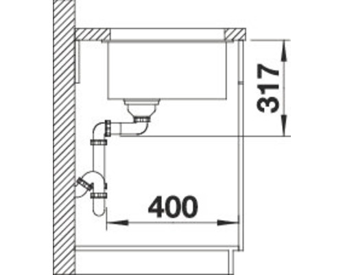 Skizze eines Spültischunterschranks mit Siphon und Maßangaben