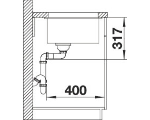 Schemazeichnung eines Spülbeckens mit Abmessungen