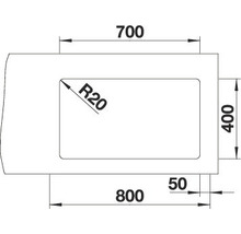 Technische Zeichnung einer Spüle mit den Maßen 800 x 400 mm und einem Radius von 20 mm