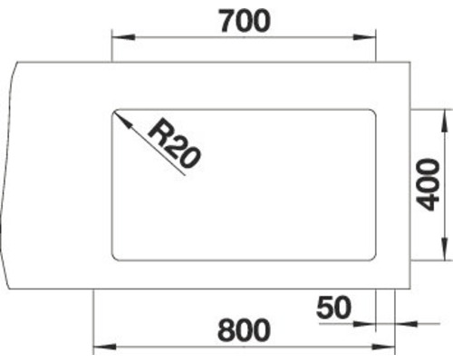 Technische Zeichnung einer Spüle mit den Maßen 800 x 400 mm und einem Radius von 20 mm