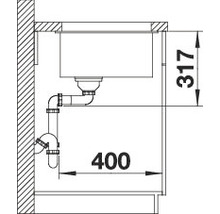 Skizze einer Spüle mit Abmessungen und Siphon