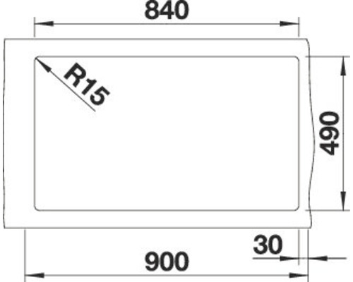 Technische Zeichnung einer Duschwanne mit den Maßen 900 x 490 Millimeter und R15 Radius