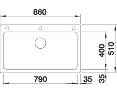 Zeichnung einer Spüle mit Maßangaben.