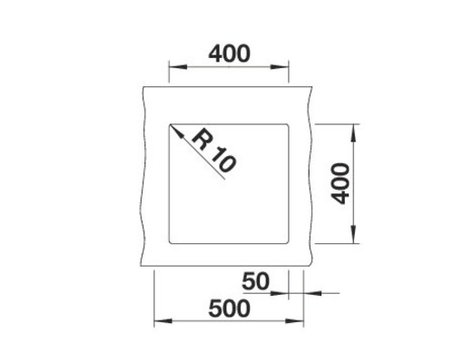 Technische Zeichnung einer Duschwanne mit den Maßen 400 x 400 x 500 Millimeter und einem Radius von 10.