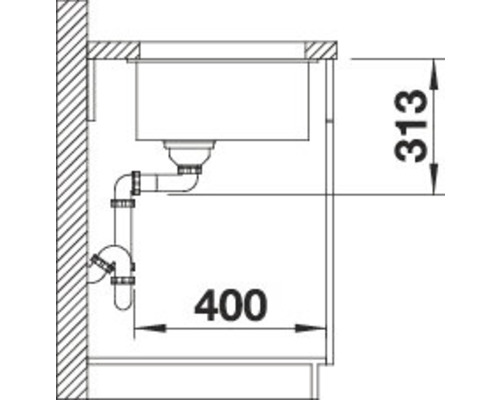 Skizze einer Spüle mit Abmessungen