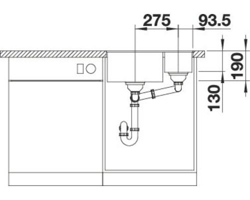Schema einer Spüle mit Unterschrank und den zugehörigen Maßangaben