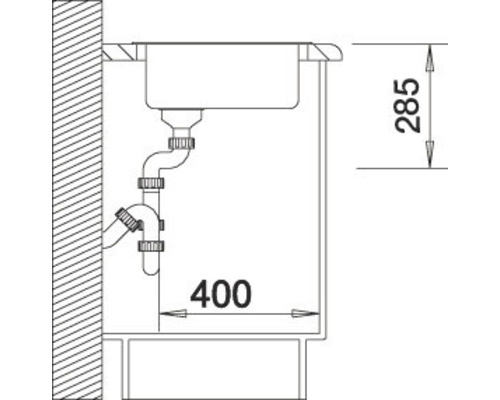Skizze einer Spüle mit Abmessungen 285 und 400 Millimeter