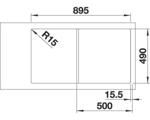 Technische Zeichnung einer Spüle mit Maßen 895 x 490 mm