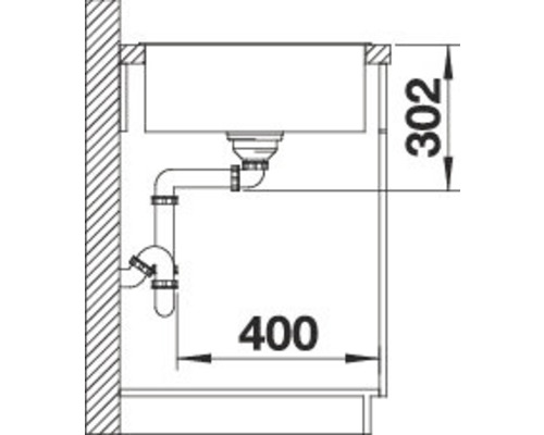Zeichnung eines Spülbeckens mit Abmessungen und Siphon