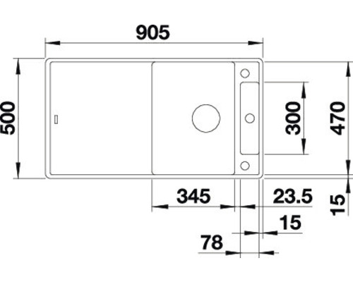 Technische Zeichnung einer Spüle mit Maßangaben