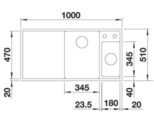 Technische Zeichnung einer Spüle mit den Maßen 1000 x 470 mm.