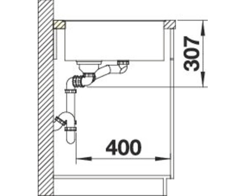 Technische Zeichnung eines Spülbeckens mit Abmessungen 307 und 400.