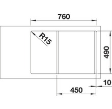 Technische Zeichnung einer Spüle mit den Maßen 760, 490, 450, 10 und dem Radius R15.